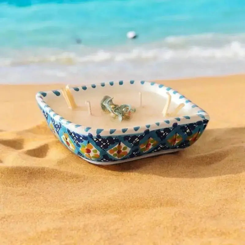 Bougie artisanale oeil en céramique couleur Turquoise de Nabeul décorée 
