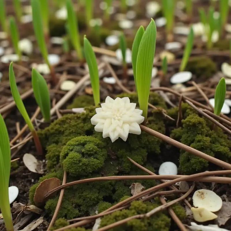 Étoile de Noël blanche en cire artisanale, fleur décorative naturelle au cœur de jeunes pousses de printemps – Lulu Baladine