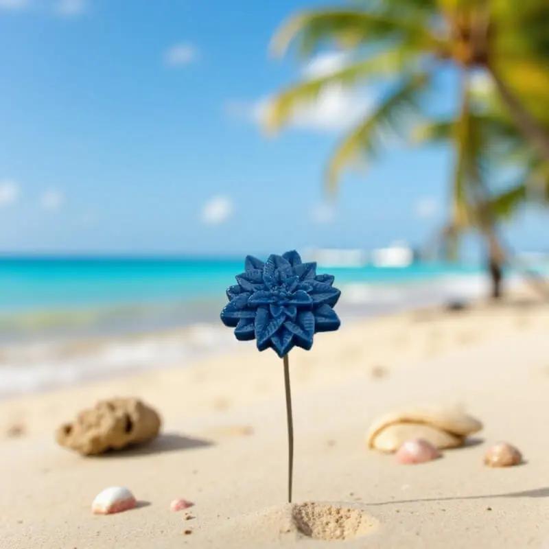 Étoile de Noël bleue en cire artisanale, fleur décorative raffinée sur le sable d’une plage tropicale – Lulu Baladine
