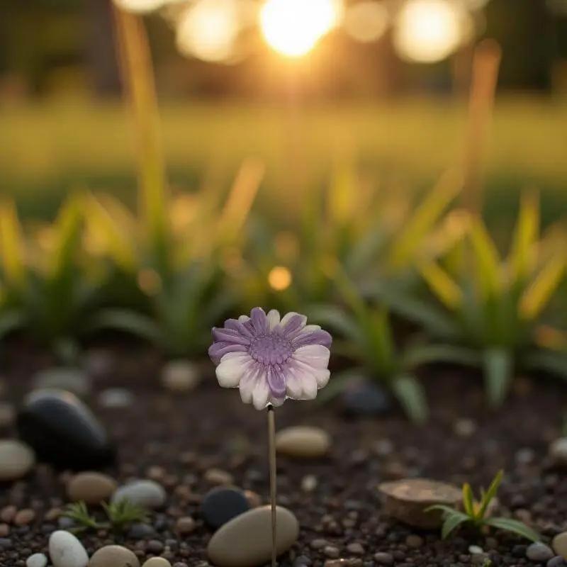 Gerbera bordée de vieux rose en cire artisanale, fleur décorative posée sur terre avec lumière dorée – Lulu Baladine