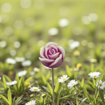 Petite rose fuchsia bordée de blanc Lulu Baladine au milieu des pâquerettes printanières.