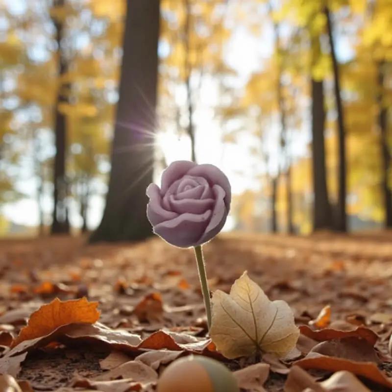 Petite rose vieux rose Lulu Baladine au milieu de la foret avec un soleil d'automne.