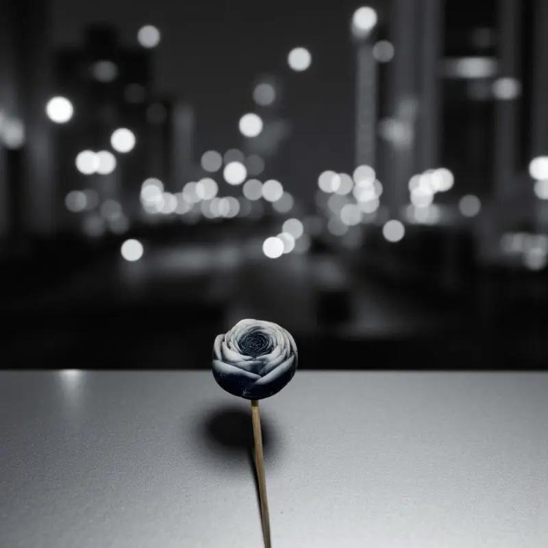 Petite renoncule bordée noir en cire artisanale, fleur décorative élégante sur fond urbain nocturne – Lulu Baladine