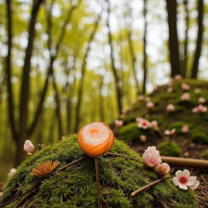 Petite renoncule bordée orange en cire artisanale, fleur lumineuse posée sur la mousse d’une forêt – Lulu Baladine
