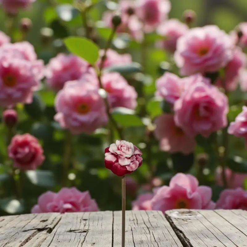 Petite fleur œillet rouge et blanche posée sur du bois devant des roses en arrière-plan