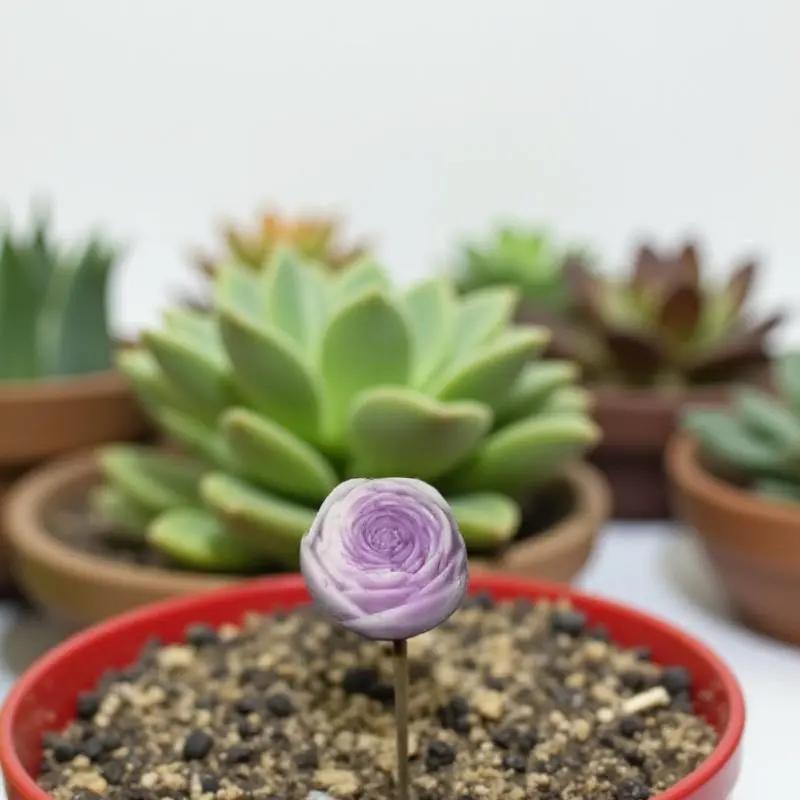 Petite renoncule bordée vieux rose en cire artisanale, fleur poétique dans un pot de terre parmi des plantes grasses – Lulu Baladine
