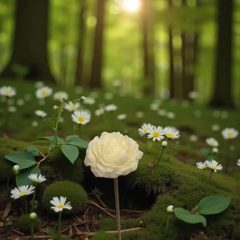 Pivoine blanche en cire artisanale, fleur décorative naturelle dans un sous-bois parsemé de marguerites – Lulu Baladine