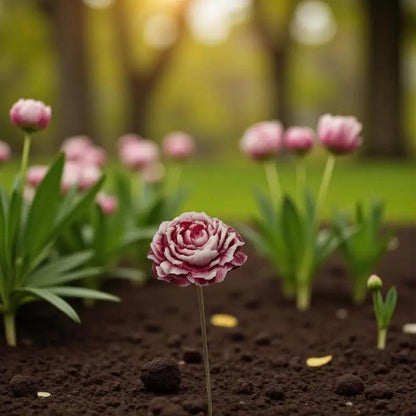 Pivoine bordée de rouge en cire artisanale, fleur décorative artisanale au cœur d’un jardin fleuri – Lulu Baladine