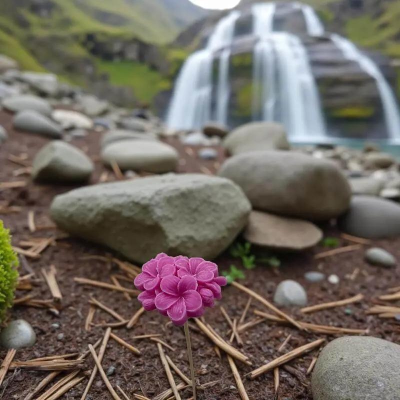 Primevère moyenne fushia en cire artisanale, fleur décorative éclatante au pied d’une cascade naturelle – Lulu Baladine