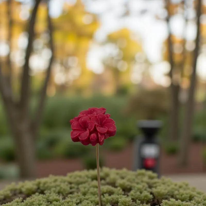 Primevère moyenne rouge en cire artisanale, fleur décorative vive posée sur un lit de mousse verte – Lulu Baladine