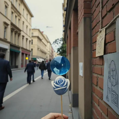 Rose bordée bleu en cire artisanale, fleur décorative délicate tenu dans la mains avec un decors de ville – Lulu Baladine