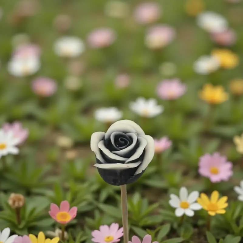 Rose bordée noire en cire artisanale, fleur décorative contrastée au milieu de fleurs colorées – Lulu Baladine