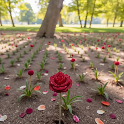 Rose moyenne rouge en cire artisanale, fleur décorative éclatante dans un jardin de pétales – Lulu Baladine
