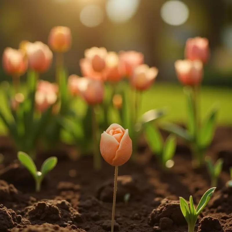 Tulipe bordée d’orange en cire artisanale, fleur décorative artisanale dans un jardin au soleil – Lulu Baladine