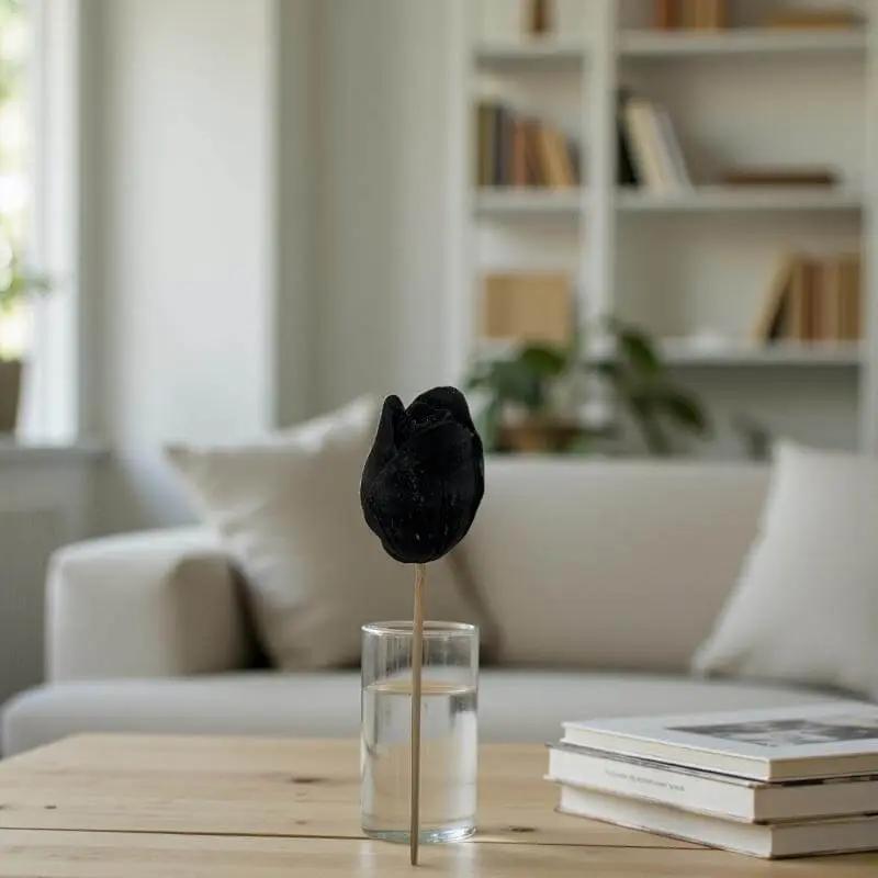 Tulipe noire en cire artisanale, fleur décorative élégante dans un intérieur épuré et lumineux – Lulu Baladine