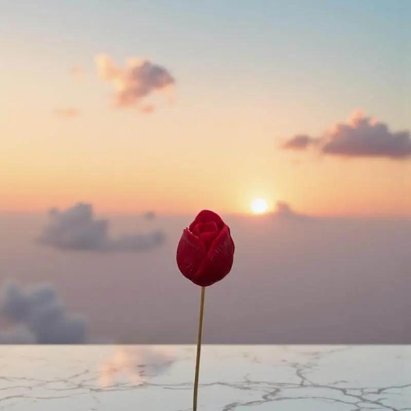 Tulipe rouge en cire artisanale, fleur décorative posée sur surface en marbre face au lever du soleil – Lulu Baladine