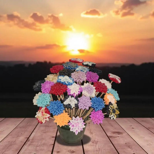 Bouquet d’étoiles de Noël en cire artisanale, fleurs décoratives multicolores éclairées par un coucher de soleil – Lulu Baladine