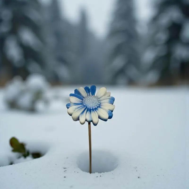 Gerbera bordée de bleu en cire artisanale, fleur décorative artisanale dans un décor enneigé – Lulu Baladine